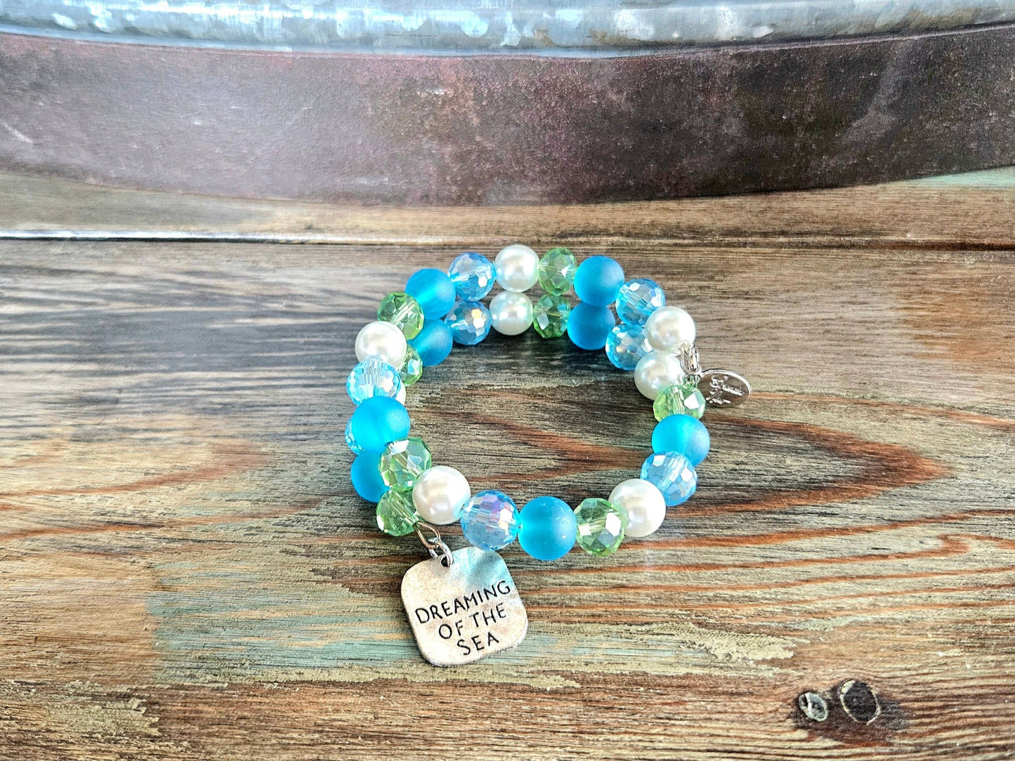 Beach Sea Ocan Charm Bracelet Beaded Jewelry Aqua Turquoise Green Pearl Cruise Vacation Memory Wire Wrap Cuff Bangle Women's Gift
