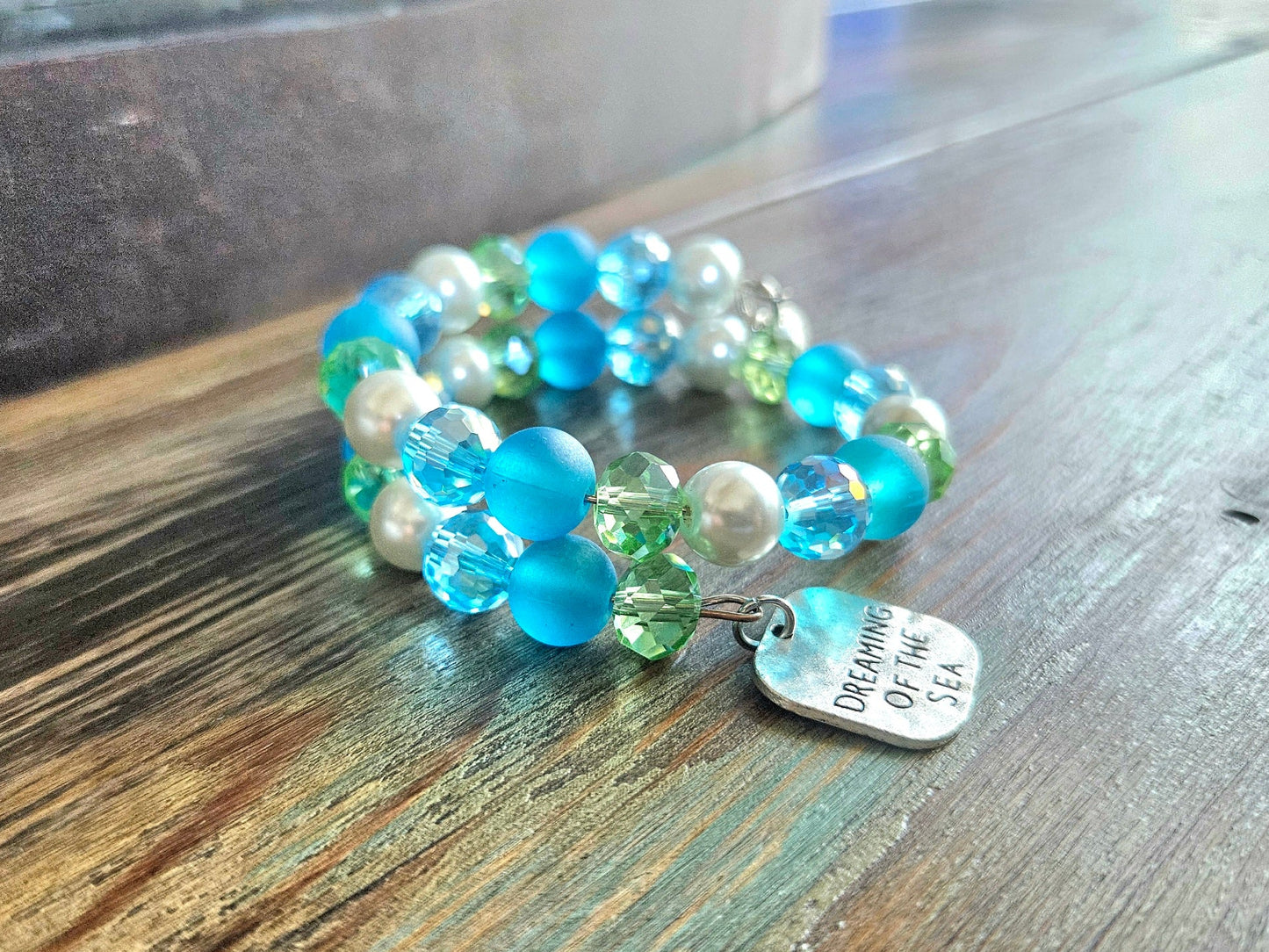 Beach Sea Ocan Charm Bracelet Beaded Jewelry Aqua Turquoise Green Pearl Cruise Vacation Memory Wire Wrap Cuff Bangle Women's Gift