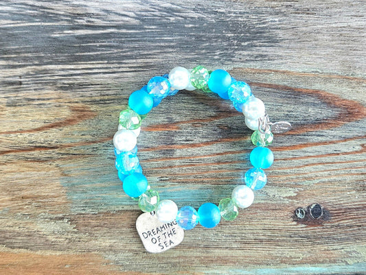 Beach Sea Ocan Charm Bracelet Beaded Jewelry Aqua Turquoise Green Pearl Cruise Vacation Memory Wire Wrap Cuff Bangle Women's Gift