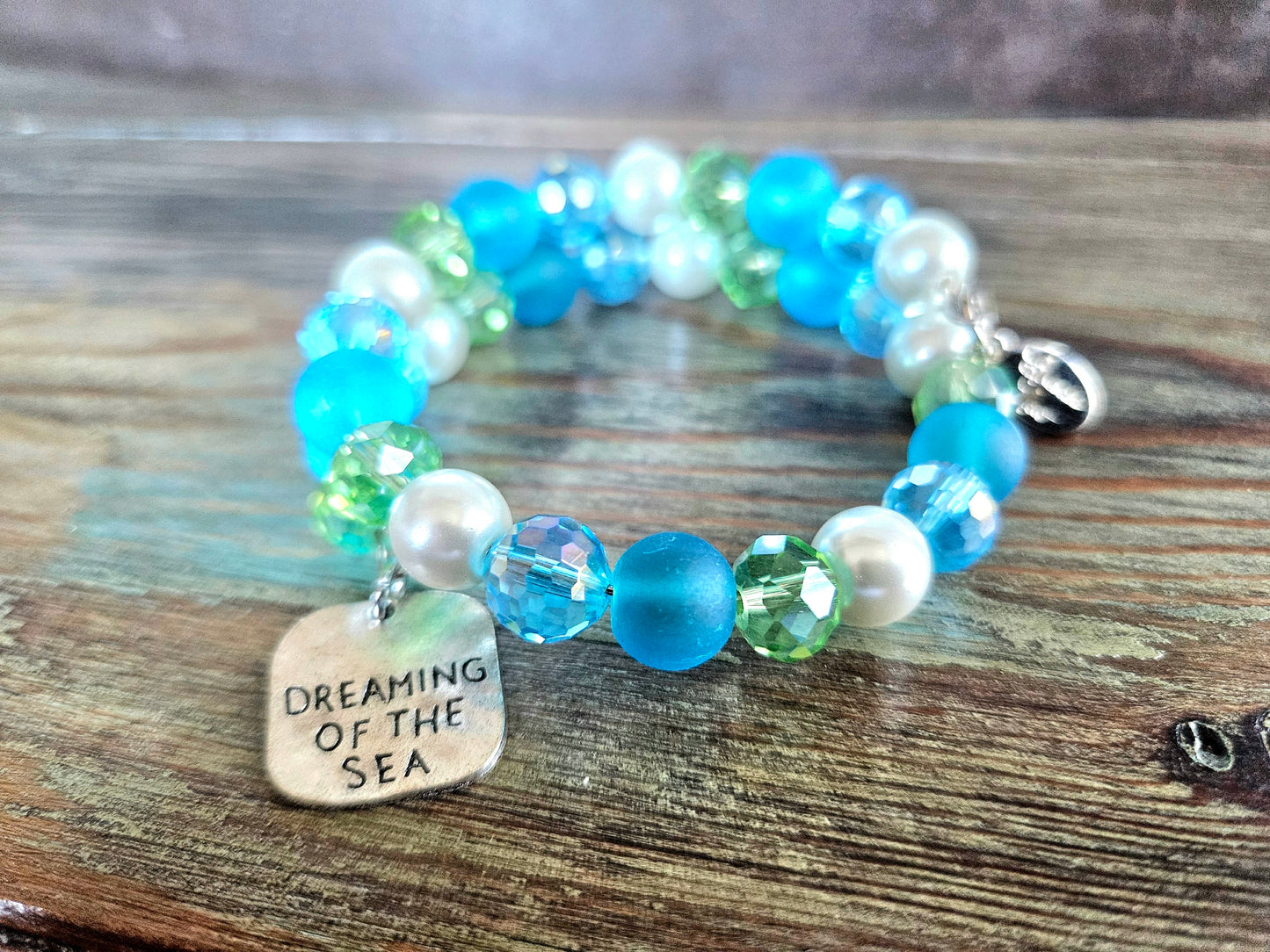 Beach Sea Ocan Charm Bracelet Beaded Jewelry Aqua Turquoise Green Pearl Cruise Vacation Memory Wire Wrap Cuff Bangle Women's Gift
