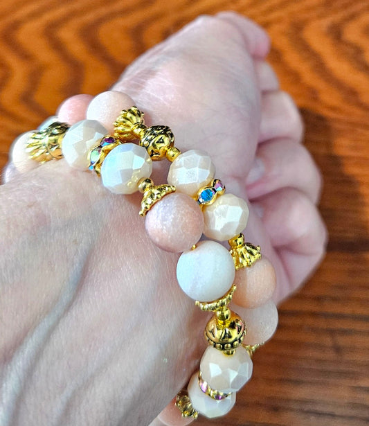 Peach Gemstone Beaded Bracelet Jewelry Jade Gold Tan Beige Wrap Cuff Bangle Memory Wire Adjustable Women's Gift For Her