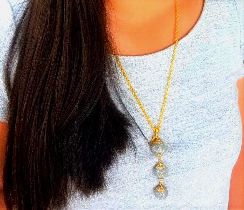 Beaded Gold and Silver Necklace: Long Quartz Chip Pendant
