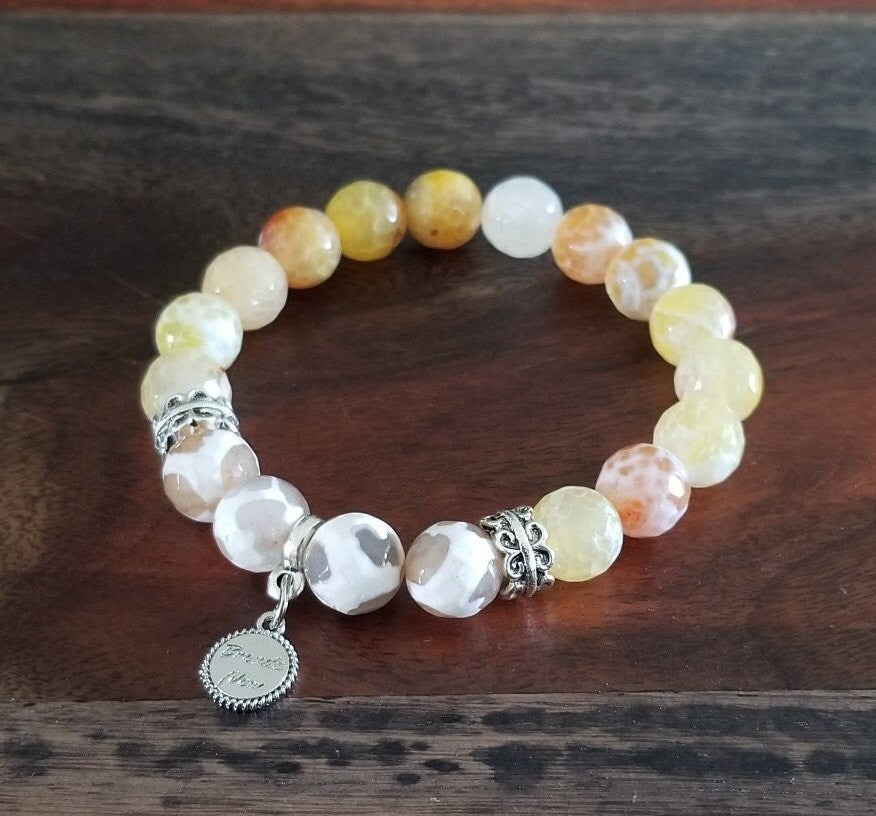 Handmade Yellow Agate Beaded Bracelet: Silver Accents, Stretch Jewelry