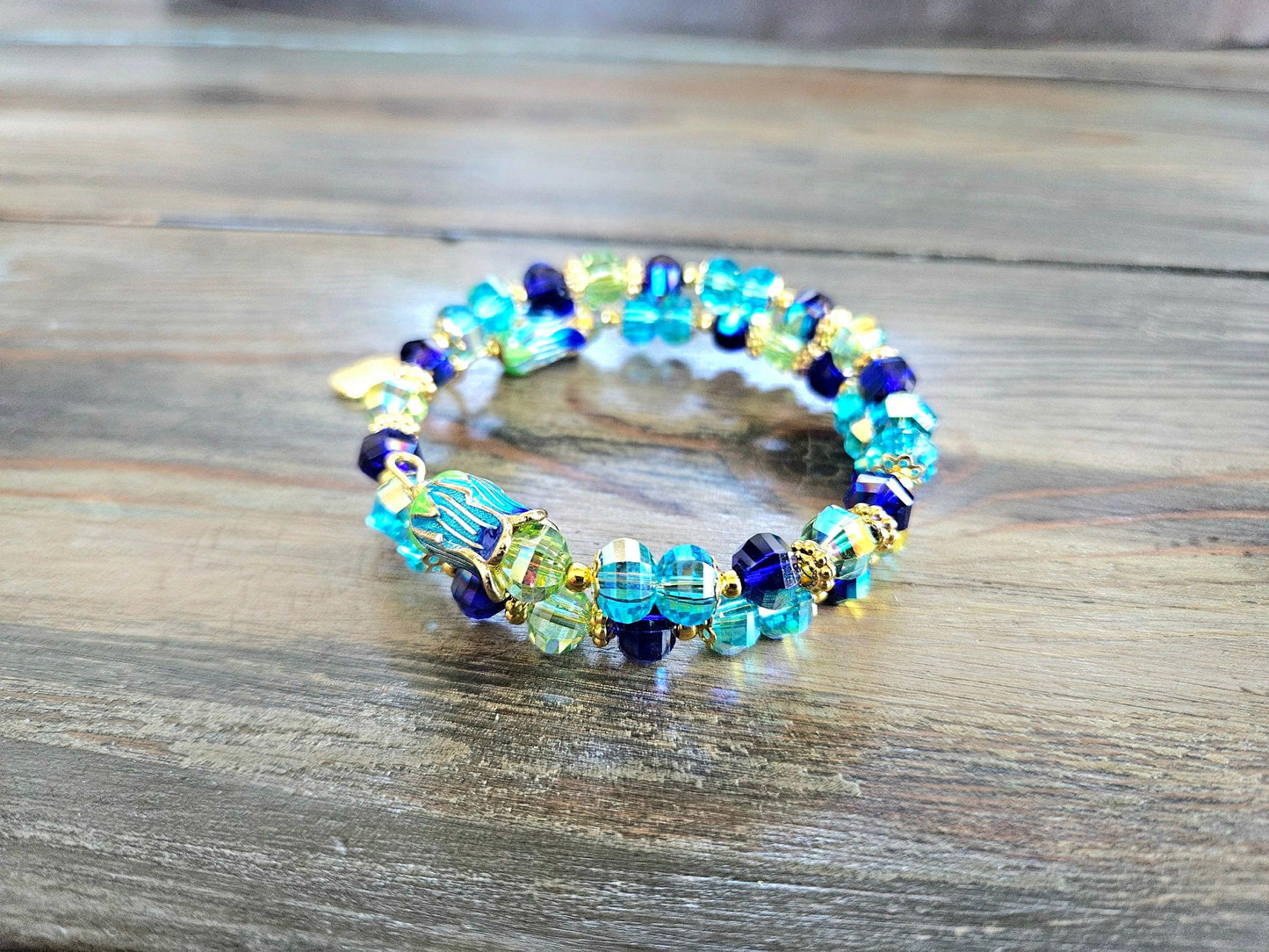 Flower Bracelet Stretch Beaded Floral Jewelry: Turquoise Blue Aqua Gold