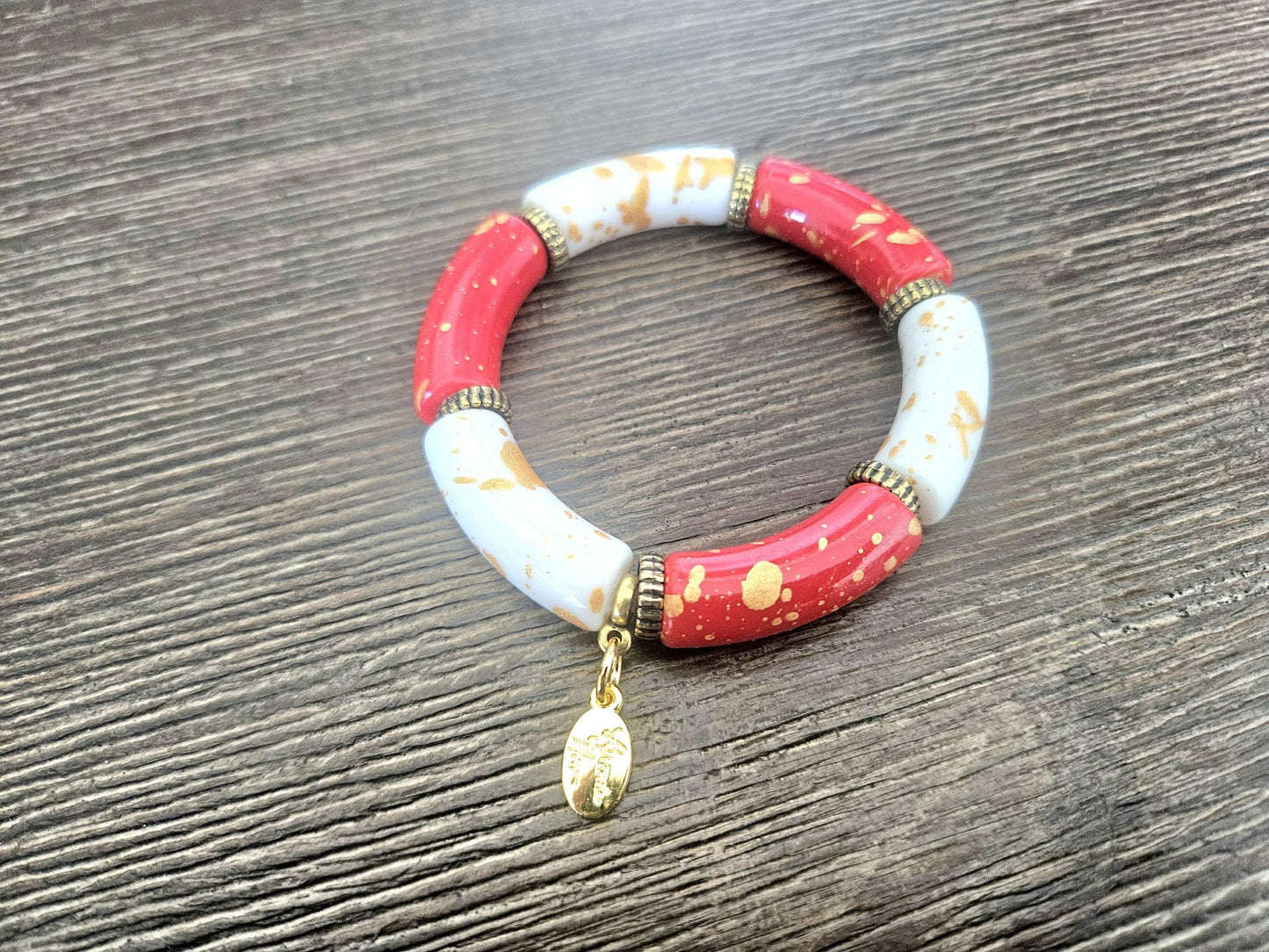 Cabana Bracelet Stack Handmade Beaded Gold Red White Black: Christmas Gift