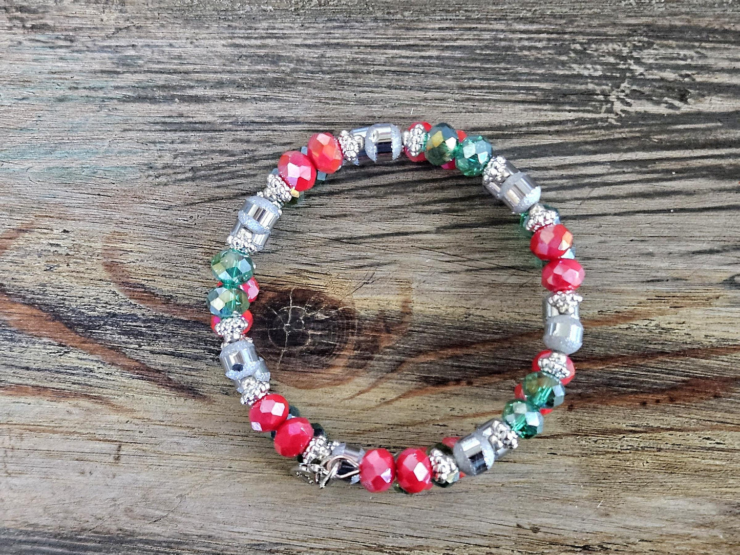 Christmas Bracelet Red Green Silver Handmade Beaded Stretch: Holiday Women's Gift For Her