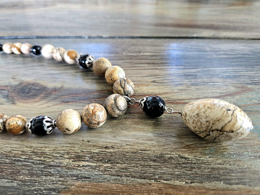 Gemstone Statement Necklace Jasper Black Onyx Sterling Silver: Matching Jewelry Set, Necklace and Earrings