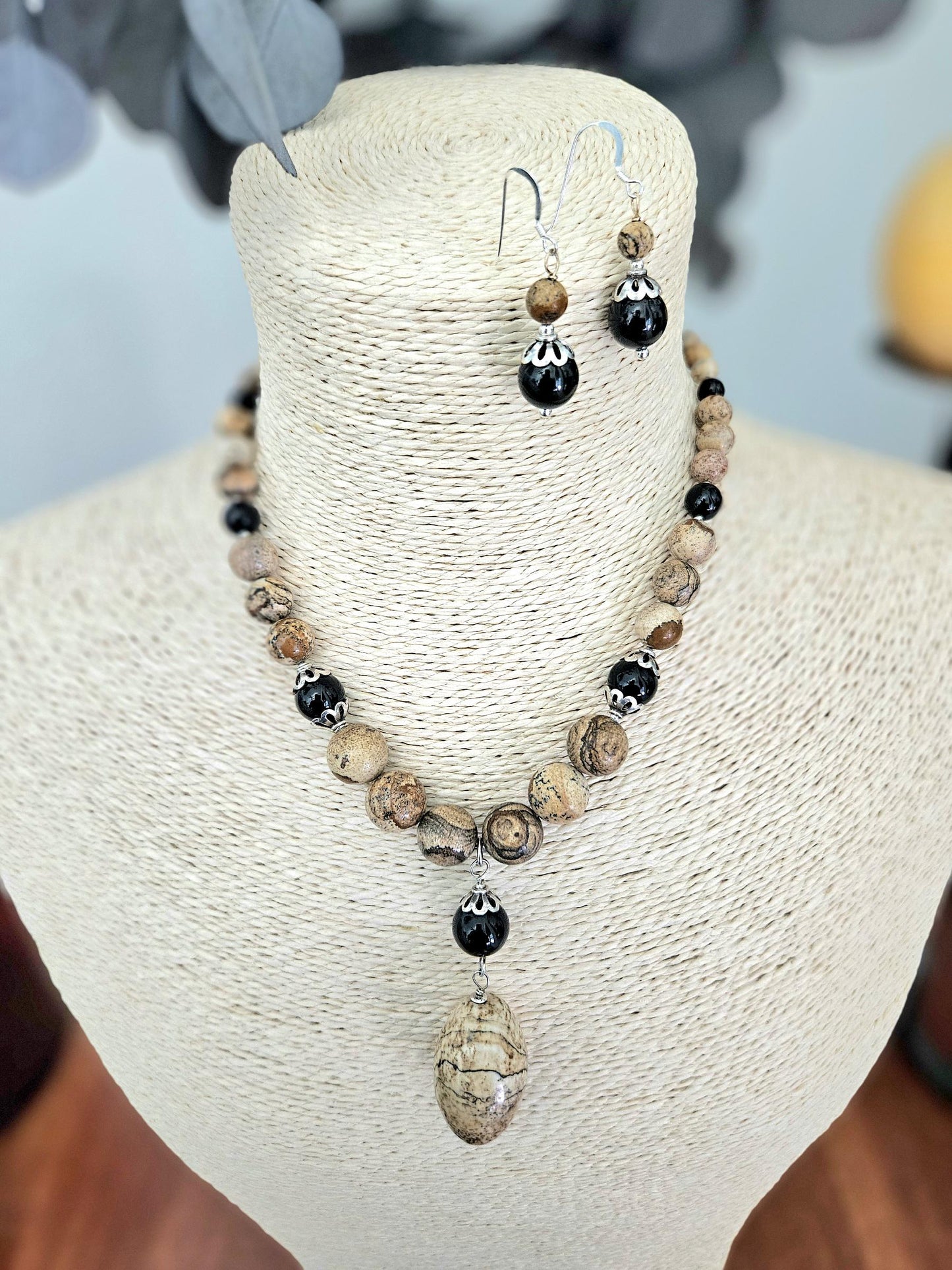 Gemstone Statement Necklace Jasper Black Onyx Sterling Silver: Matching Jewelry Set, Necklace and Earrings