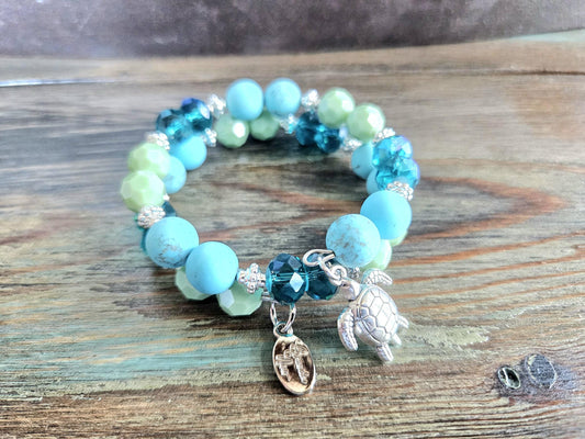 Beach Turtle Charm Bracelet Beaded Handmade Stretch: Turquoise Gemstone Glass