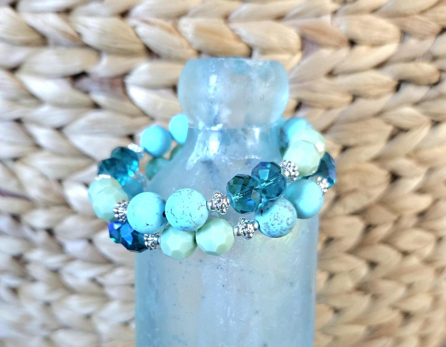 Beach Turtle Charm Bracelet Beaded Handmade Stretch: Turquoise Gemstone Glass