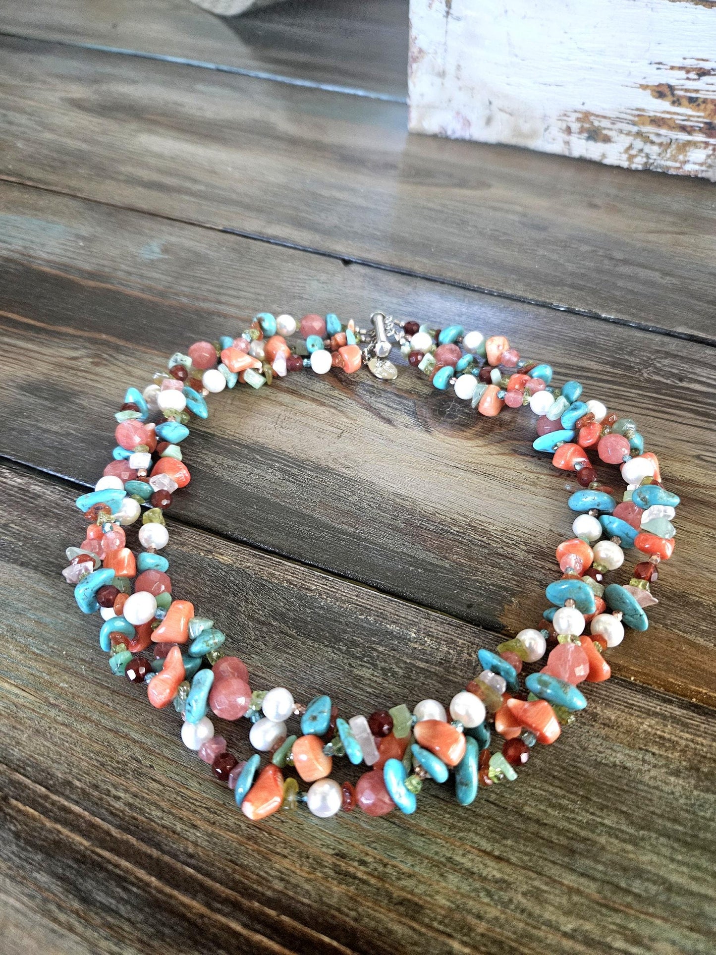 Multi Strand Gemstone Necklace: Triple Strand, Turquoise, Pearl, Quartz, Coral, Amazonite, Peridot, Carnelian