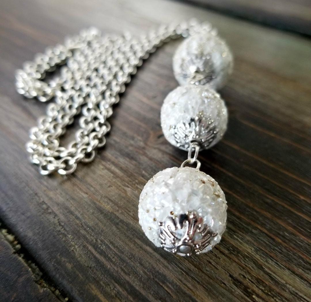Silver Statement Necklace, Quartz Bead Boho Long Necklace