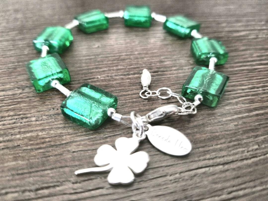 Shamrock Charm Green Bracelet: St. Patrick's Day Jewelry, Murano Glass Jewelry