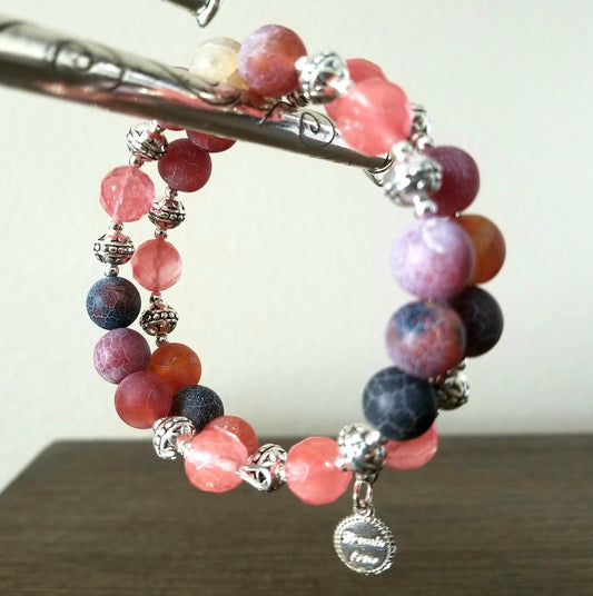 Pink Cherry Quartz Beaded Bracelet: Agate & Silver Bangle