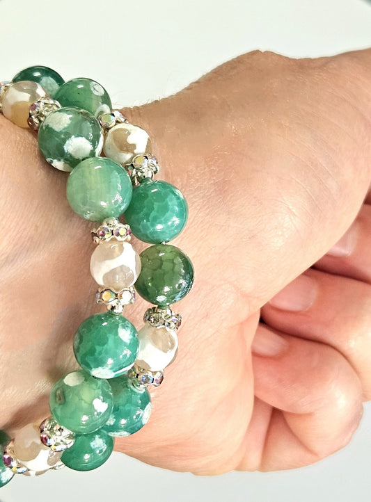 Green Agate Beaded Bracelet: Silver Accents, Memory Wire Wrap