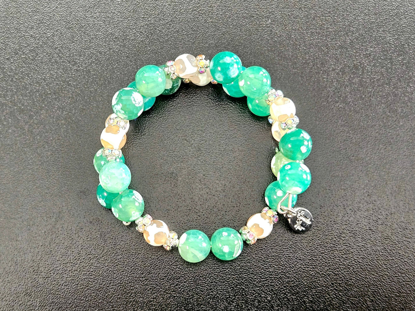 Green Agate Beaded Bracelet: Silver Accents, Memory Wire Wrap