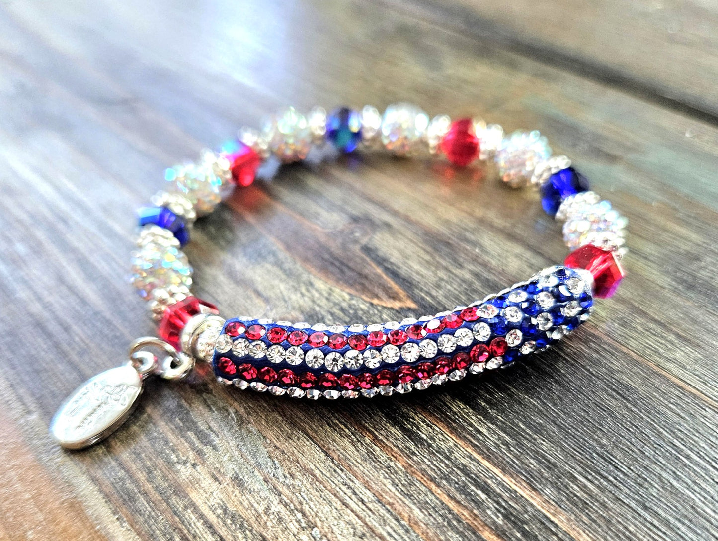 July 4 Bracelet 250 Anniversary Rhinestone Patriotic American USA Jewelry; Red White Blue