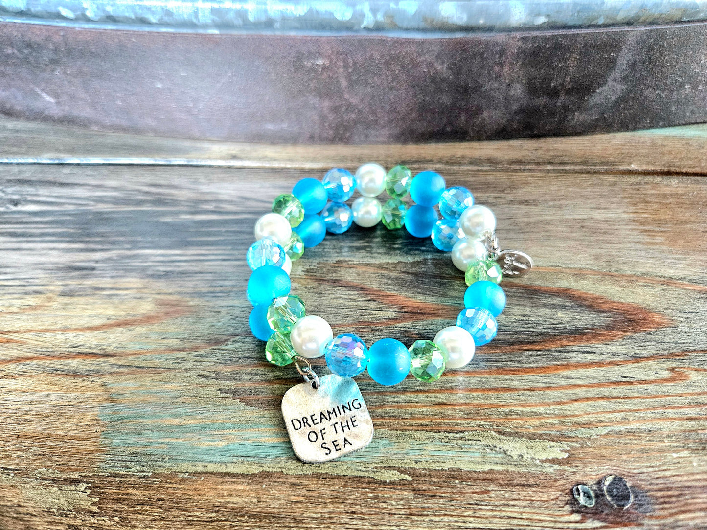 Beach Sea Ocan Charm Bracelet Beaded Jewelry Aqua Turquoise Green Pearl Cruise Vacation Memory Wire Wrap Cuff Bangle Women's Gift
