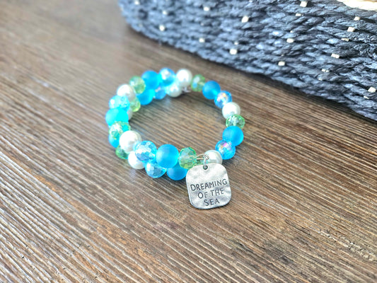Beach Sea Ocan Charm Bracelet Beaded Jewelry Aqua Turquoise Green Pearl Cruise Vacation Memory Wire Wrap Cuff Bangle Women's Gift