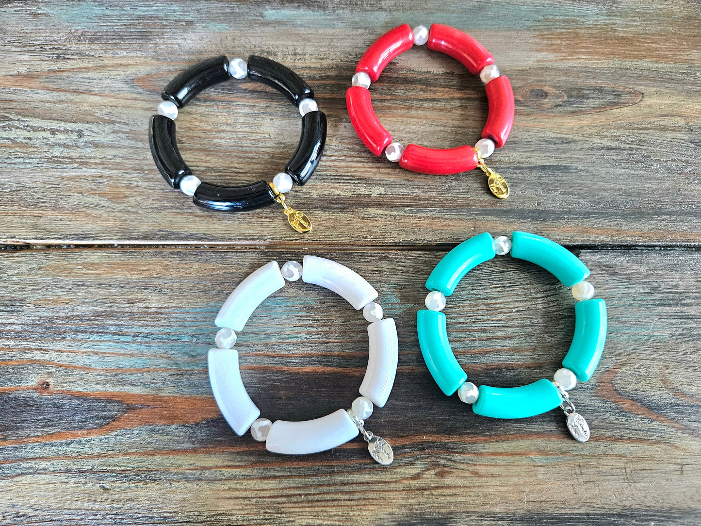 Cabana Bracelet Acrylic Beaded Stretch Statement Jewelry Beach Cruise Vacation White Red Black Turquoise Women's Gift