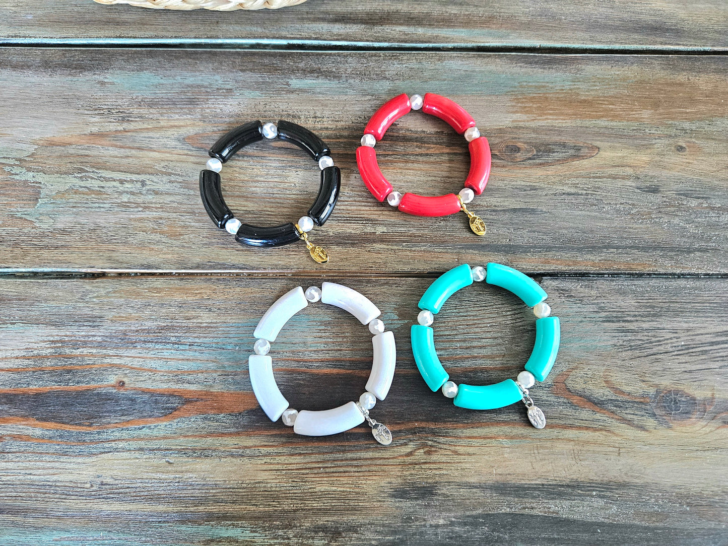 Cabana Bracelet Acrylic Beaded Stretch Statement Jewelry Beach Cruise Vacation White Red Black Turquoise Women's Gift