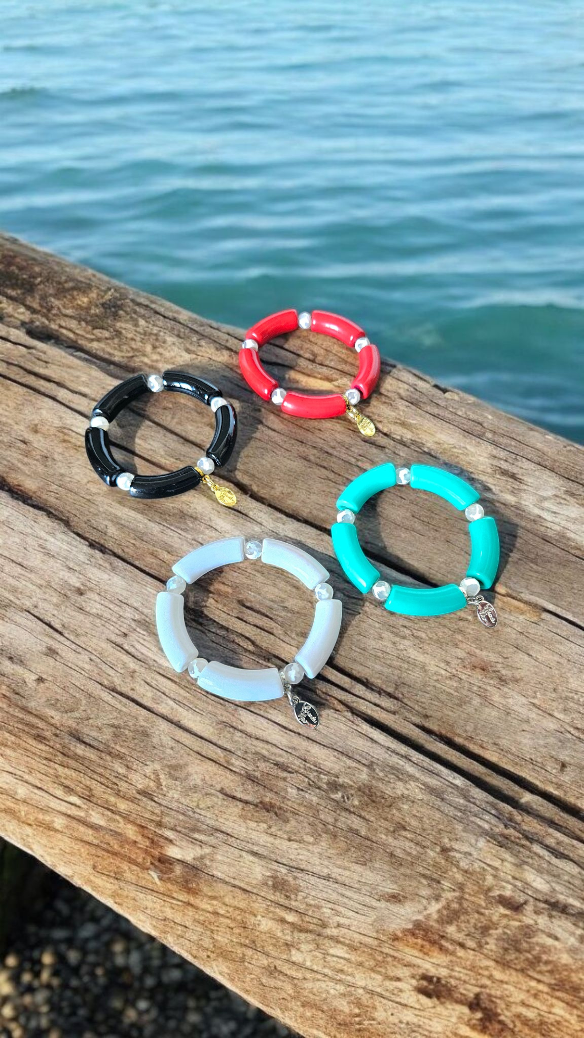 Cabana Bracelet Acrylic Beaded Stretch Statement Jewelry Beach Cruise Vacation White Red Black Turquoise Women's Gift