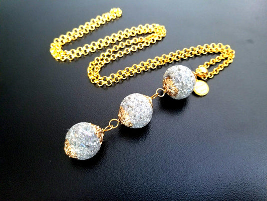 Beaded Gold and Silver Necklace: Long Quartz Chip Pendant