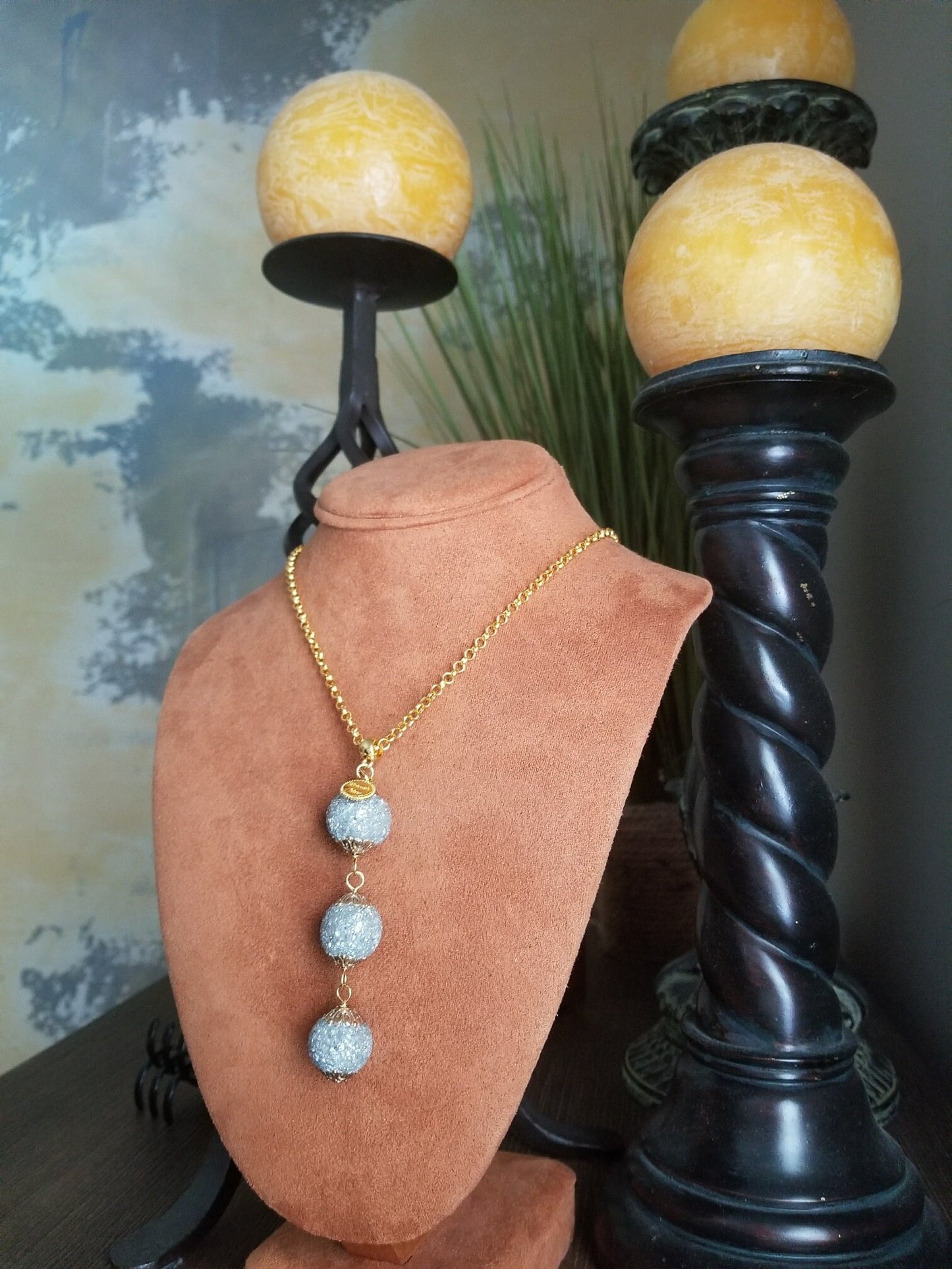 Beaded Gold and Silver Necklace: Long Quartz Chip Pendant