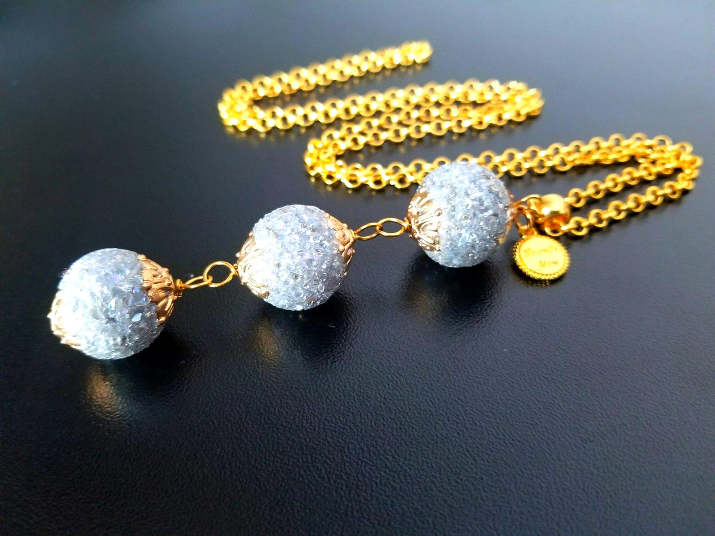 Beaded Gold and Silver Necklace: Long Quartz Chip Pendant