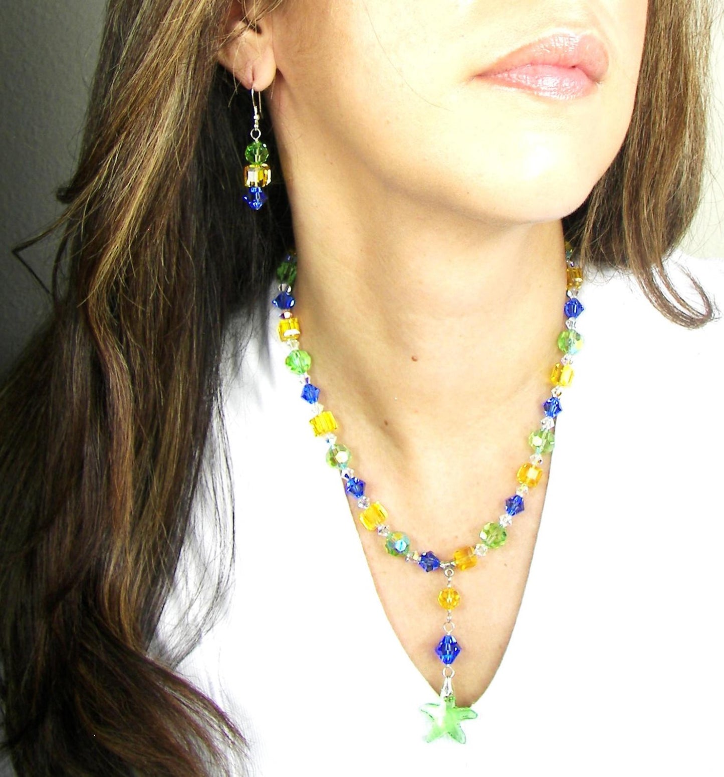 Swarovski Crystal Starfish Necklace Set: Sterling Silver, Beaded Jewelry