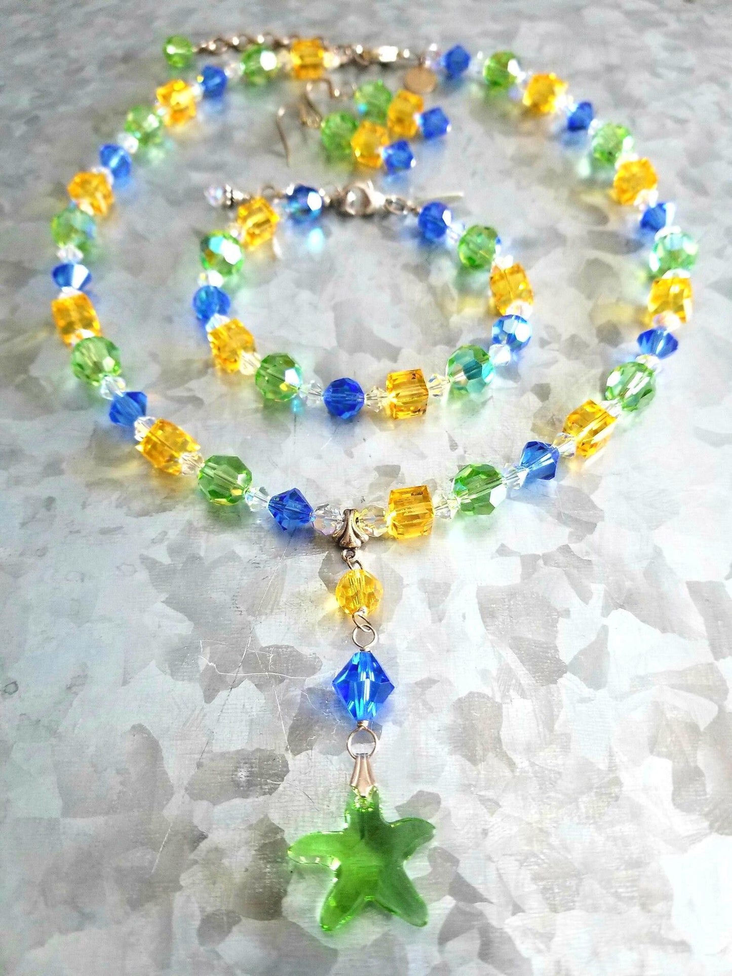 Swarovski Crystal Starfish Necklace Set: Sterling Silver, Beaded Jewelry