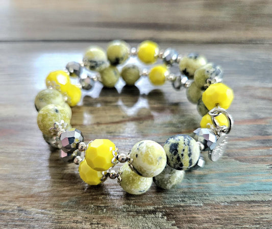 Chartreuse Turquoise Beaded Bracelet: Silver Accents, Memory Wire