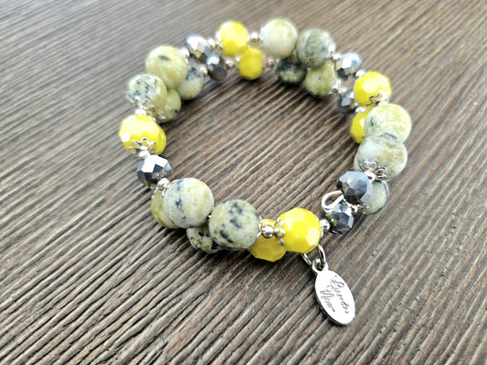Chartreuse Turquoise Beaded Bracelet: Silver Accents, Memory Wire