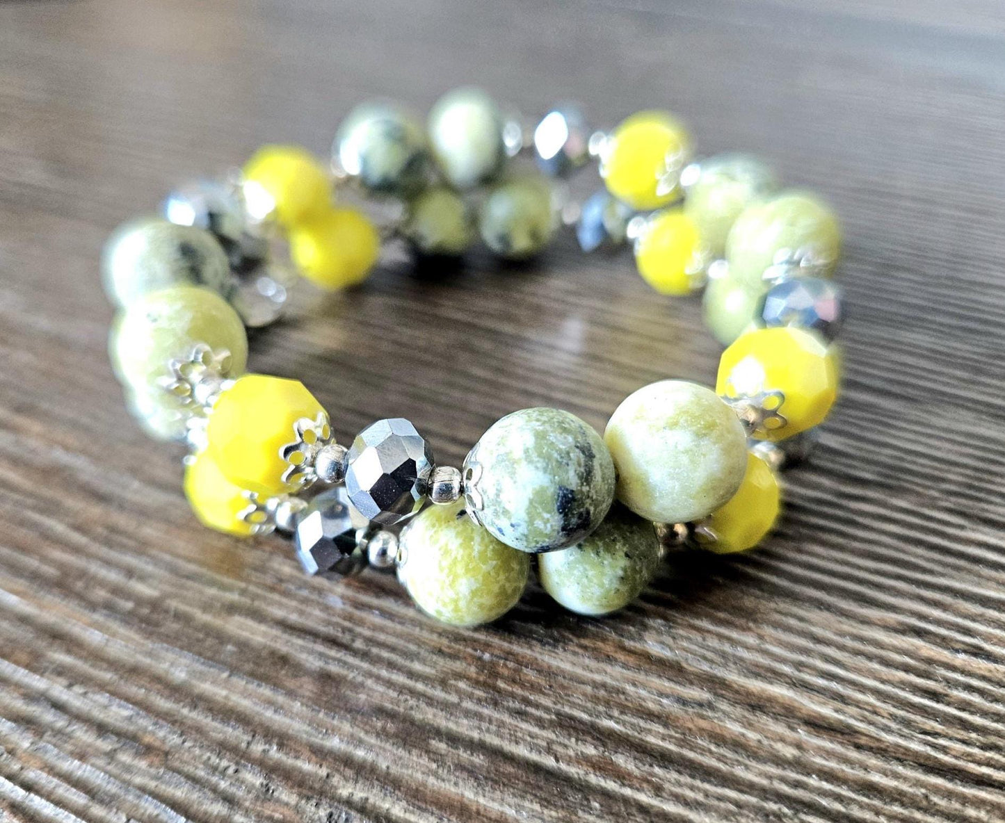 Chartreuse Turquoise Beaded Bracelet: Silver Accents, Memory Wire