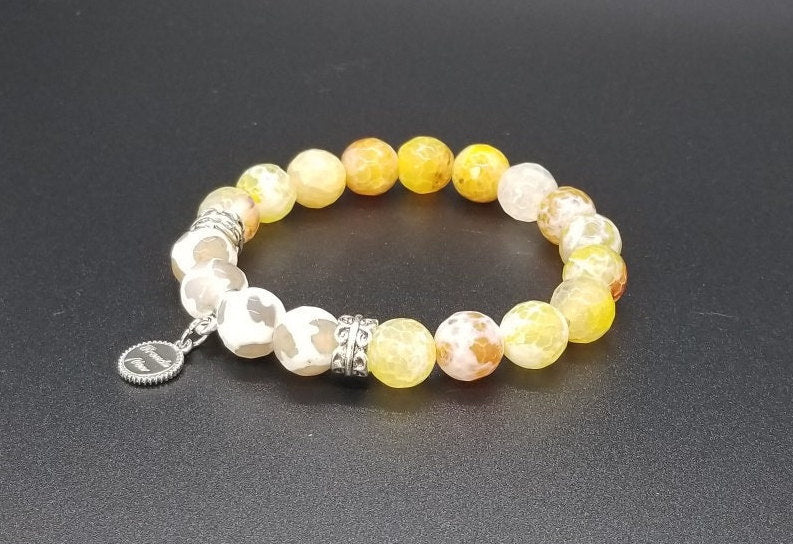 Handmade Yellow Agate Beaded Bracelet: Silver Accents, Stretch Jewelry
