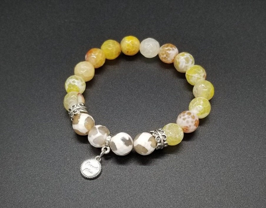 Handmade Yellow Agate Beaded Bracelet: Silver Accents, Stretch Jewelry