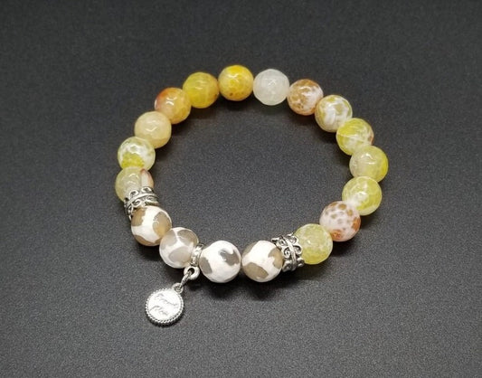 Handmade Yellow Agate Beaded Bracelet: Silver Accents, Stretch Jewelry