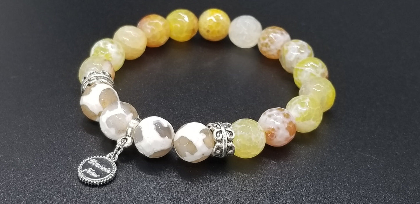 Handmade Yellow Agate Beaded Bracelet: Silver Accents, Stretch Jewelry