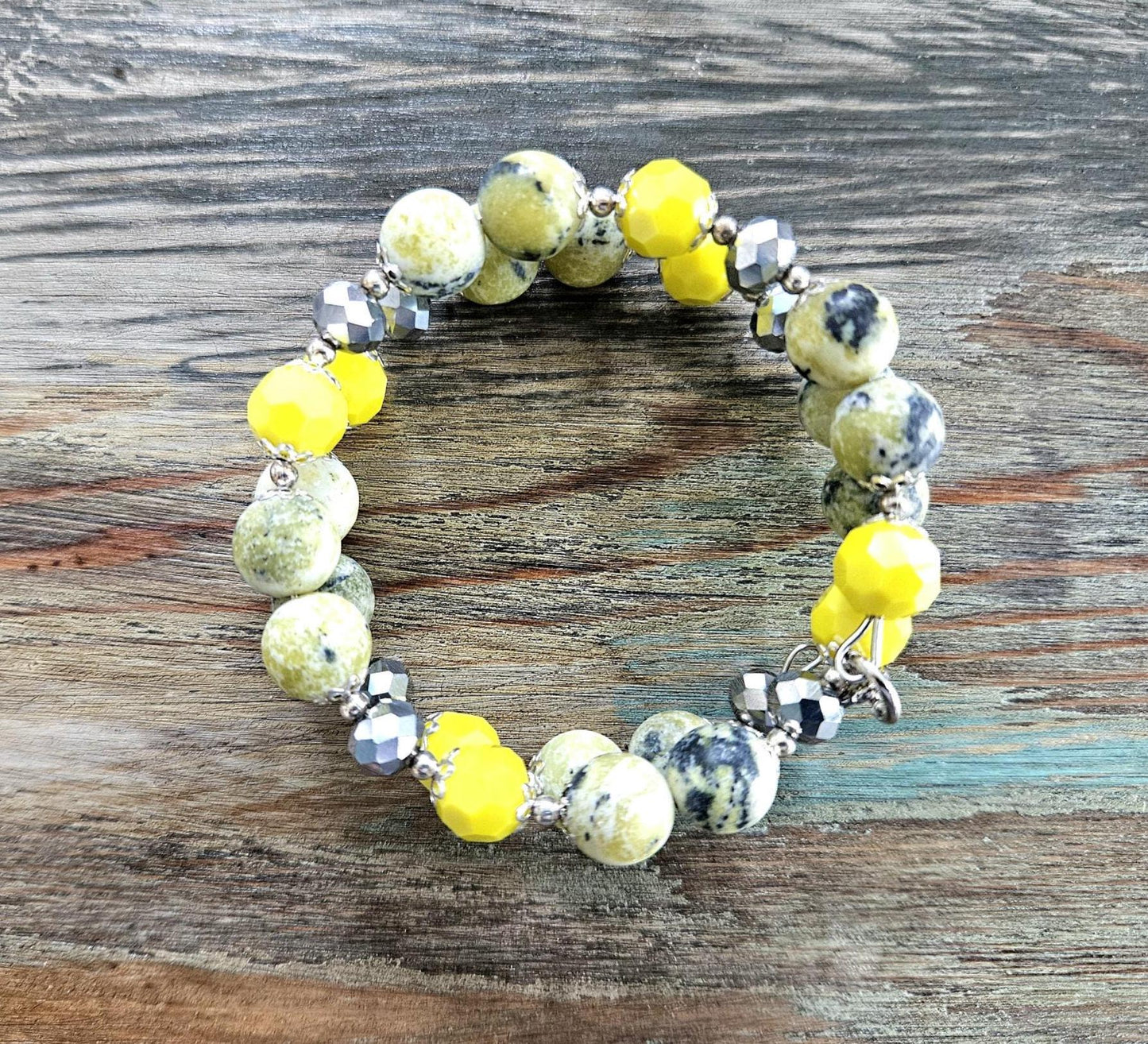 Chartreuse Turquoise Beaded Bracelet: Silver Accents, Memory Wire