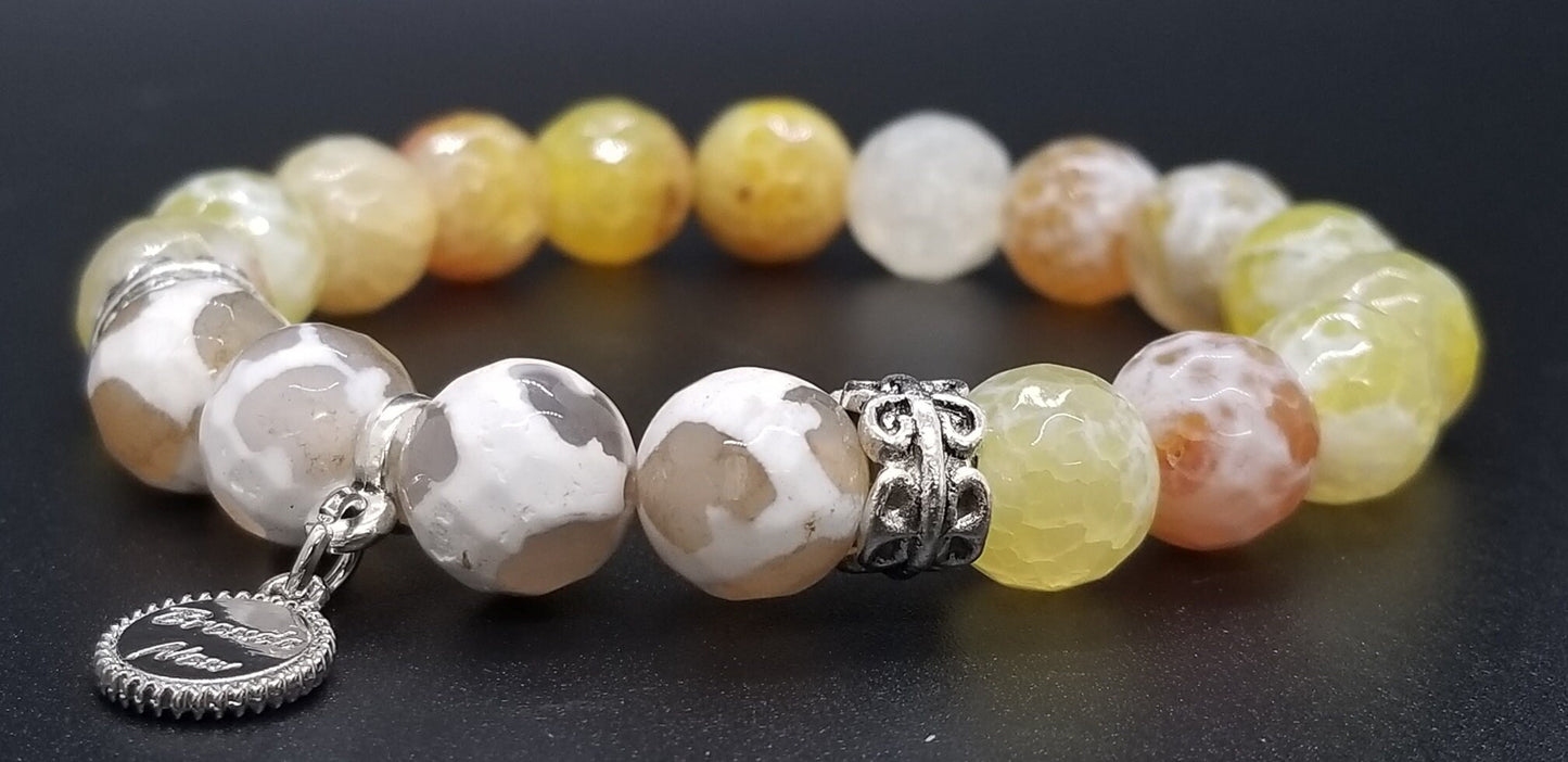 Handmade Yellow Agate Beaded Bracelet: Silver Accents, Stretch Jewelry