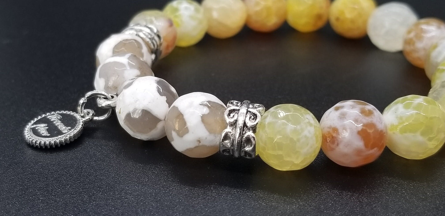 Handmade Yellow Agate Beaded Bracelet: Silver Accents, Stretch Jewelry