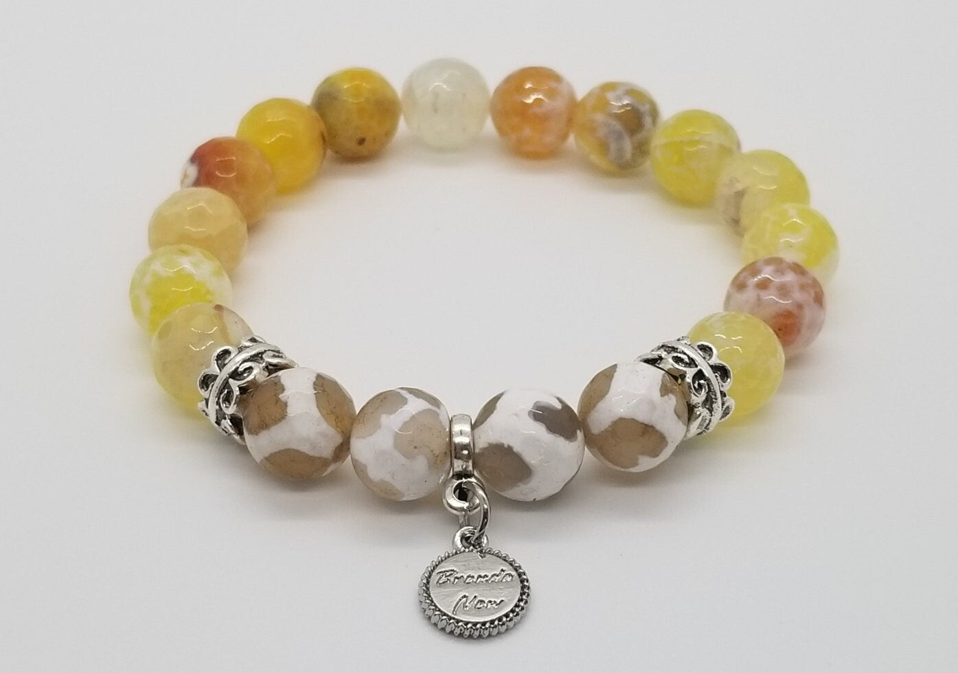 Handmade Yellow Agate Beaded Bracelet: Silver Accents, Stretch Jewelry