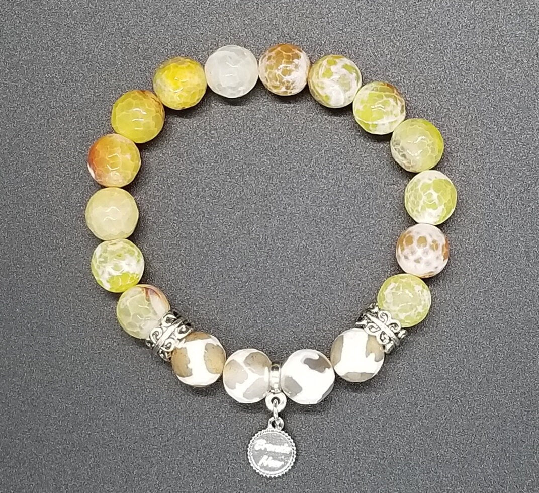Handmade Yellow Agate Beaded Bracelet: Silver Accents, Stretch Jewelry