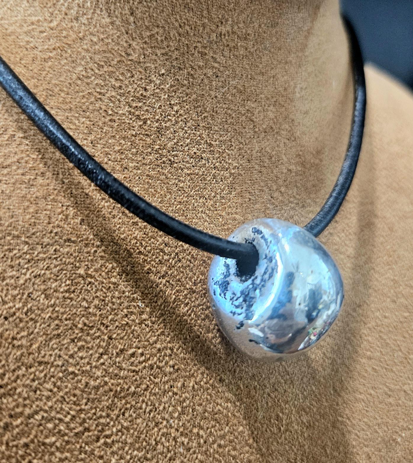 Silver Pendant Necklace: Black Leather, Handmade Ceramic Bead