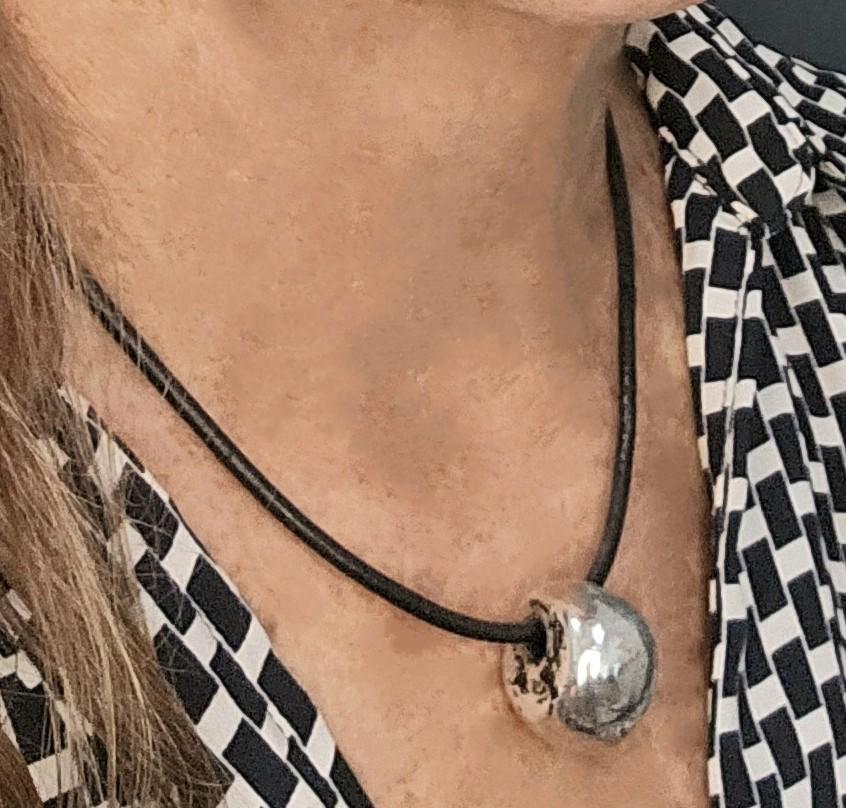 Silver Pendant Necklace: Black Leather, Handmade Ceramic Bead