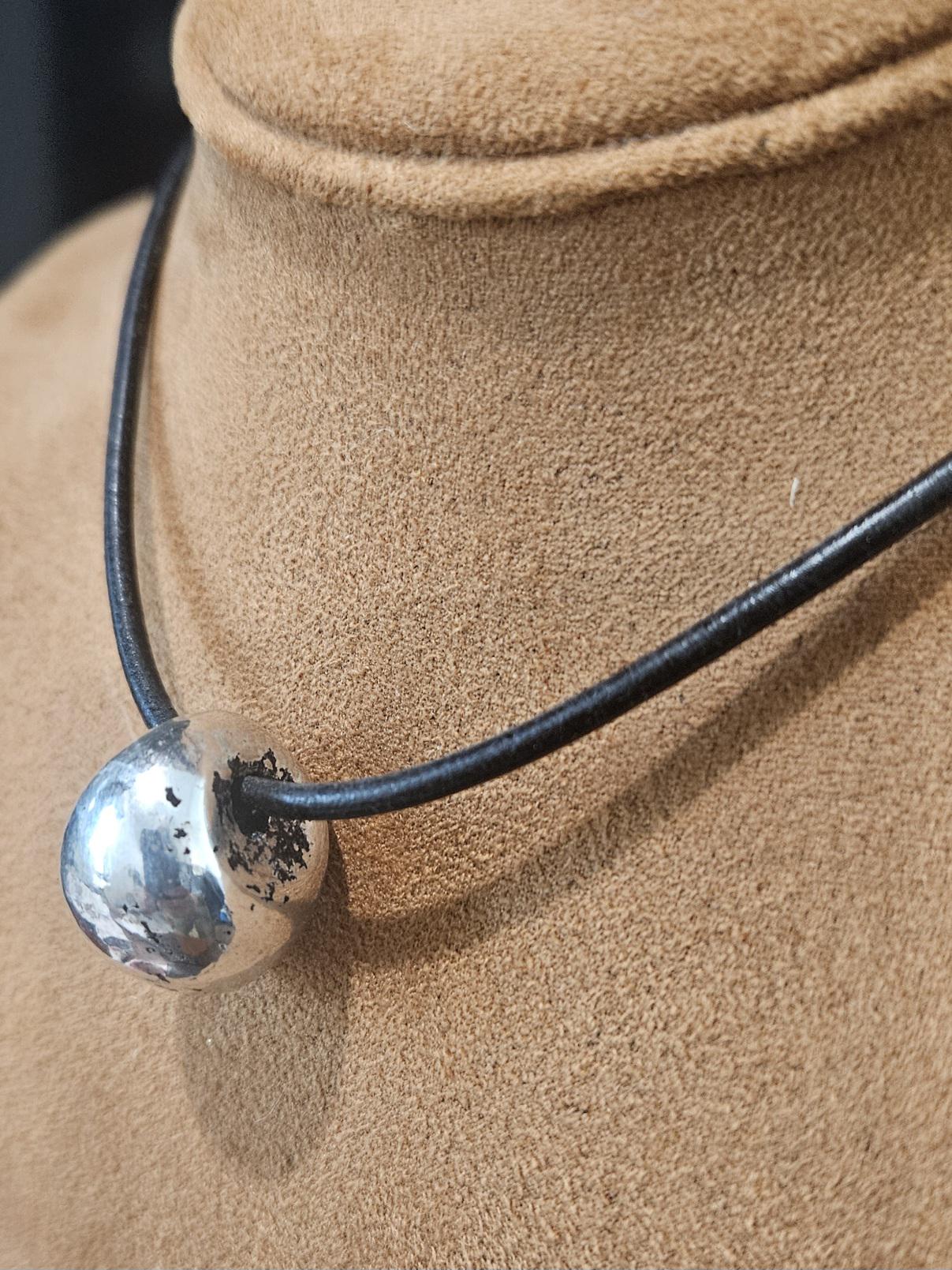 Silver Pendant Necklace: Black Leather, Handmade Ceramic Bead