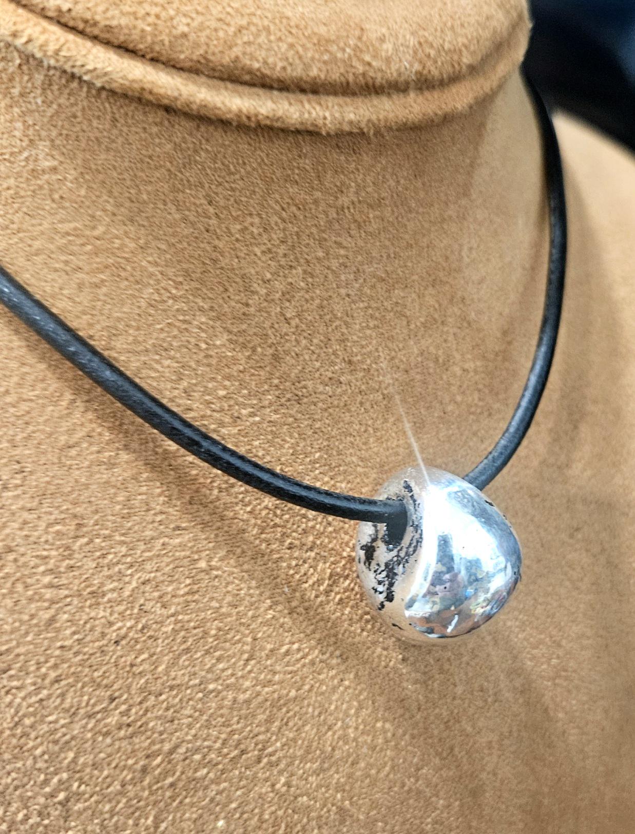 Silver Pendant Necklace: Black Leather, Handmade Ceramic Bead