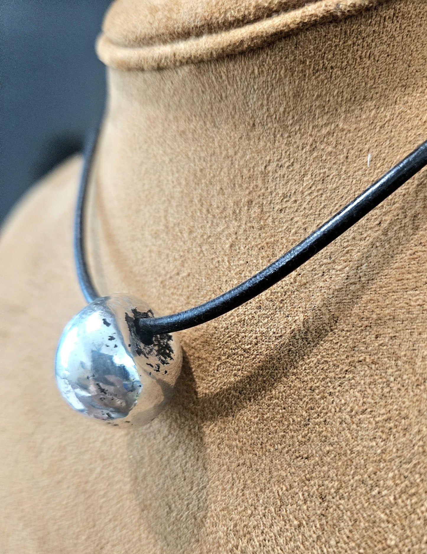 Silver Pendant Necklace: Black Leather, Handmade Ceramic Bead