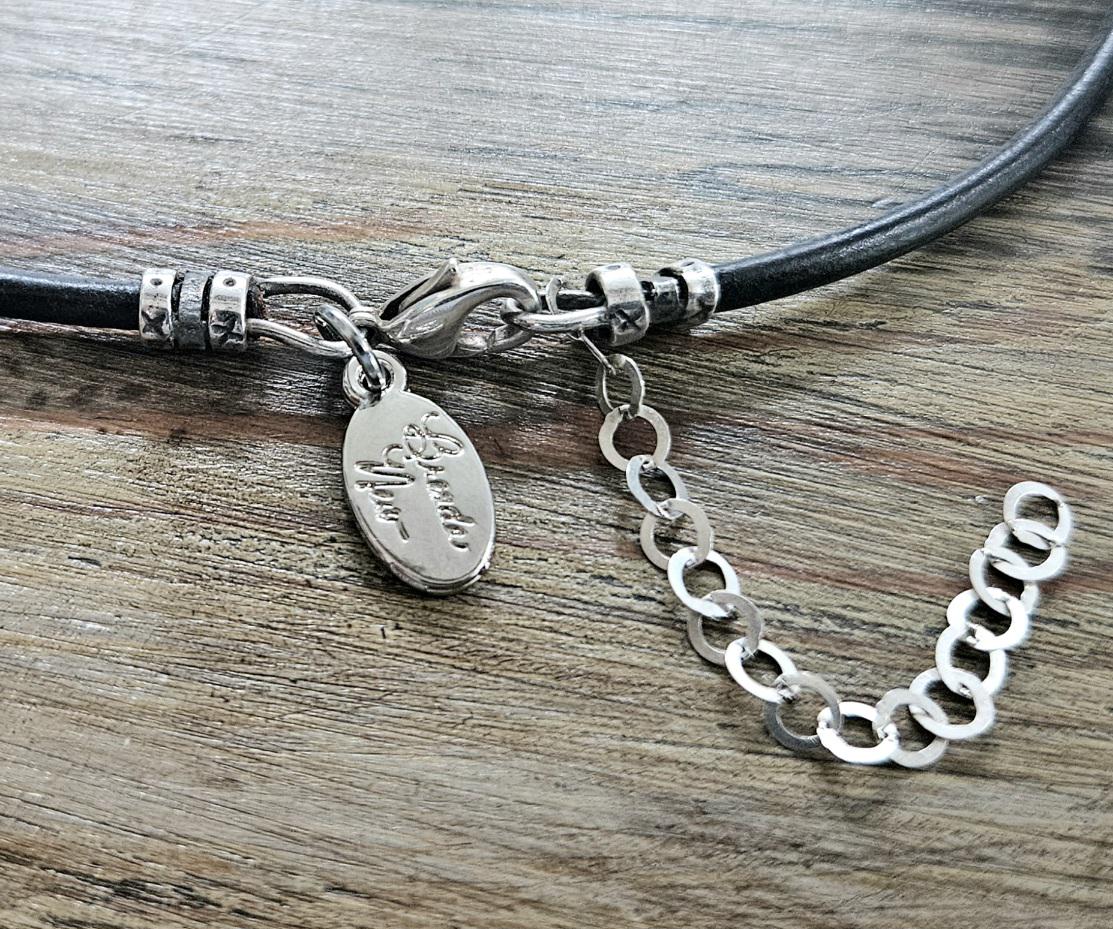 Silver Pendant Necklace: Black Leather, Handmade Ceramic Bead