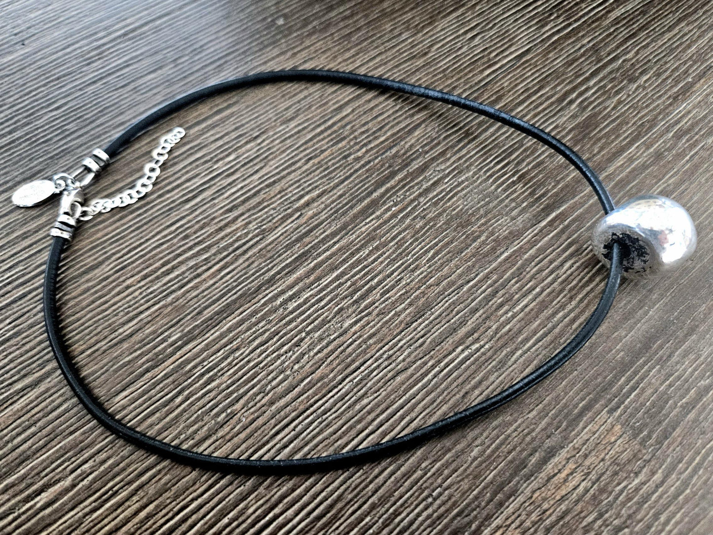 Silver Pendant Necklace: Black Leather, Handmade Ceramic Bead
